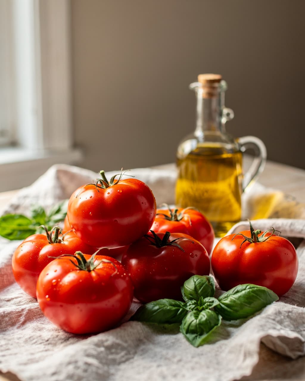 Tomaten, Basilikum und Olivenöl auf Leinen
