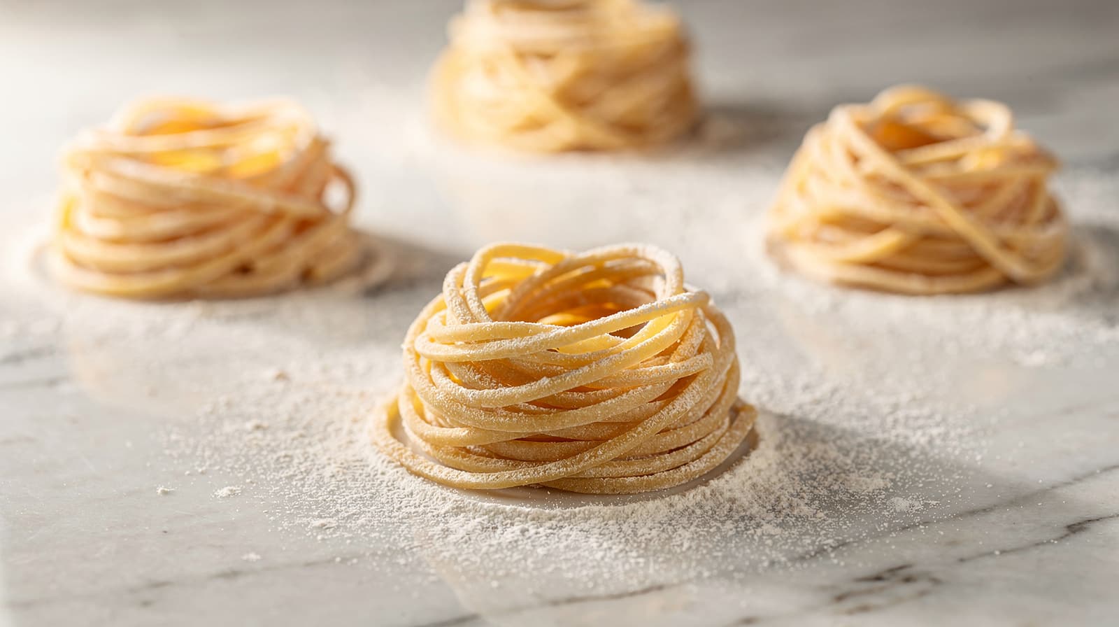 Frische Pasta-Nester auf hellem Marmor